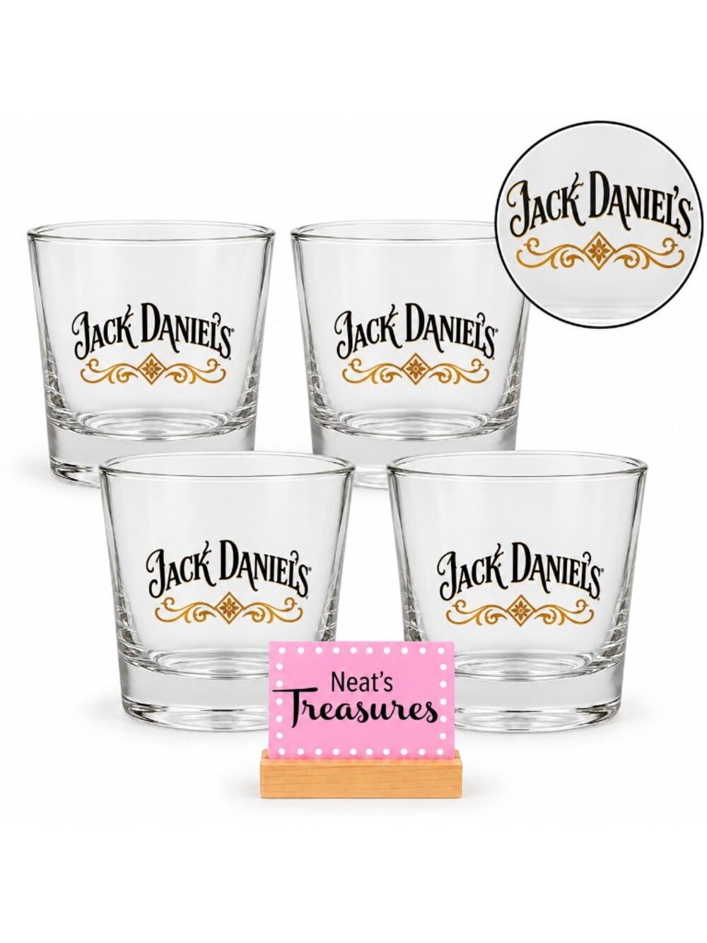 Jack Daniels Square Jack Daniels Whiskey  Black  Gold Lettering Rock Glass Set 4